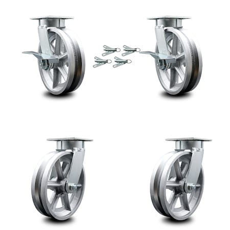 8 Inch Kingpinless V Groove Semi Steel Wheel Caster Swivel Locks 2 Brakes, 4PK